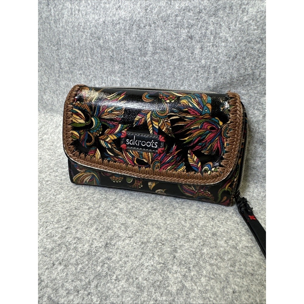 Sakroots Womens Peace Wallet Coated Canvas Floral  Embroidered Boho Black